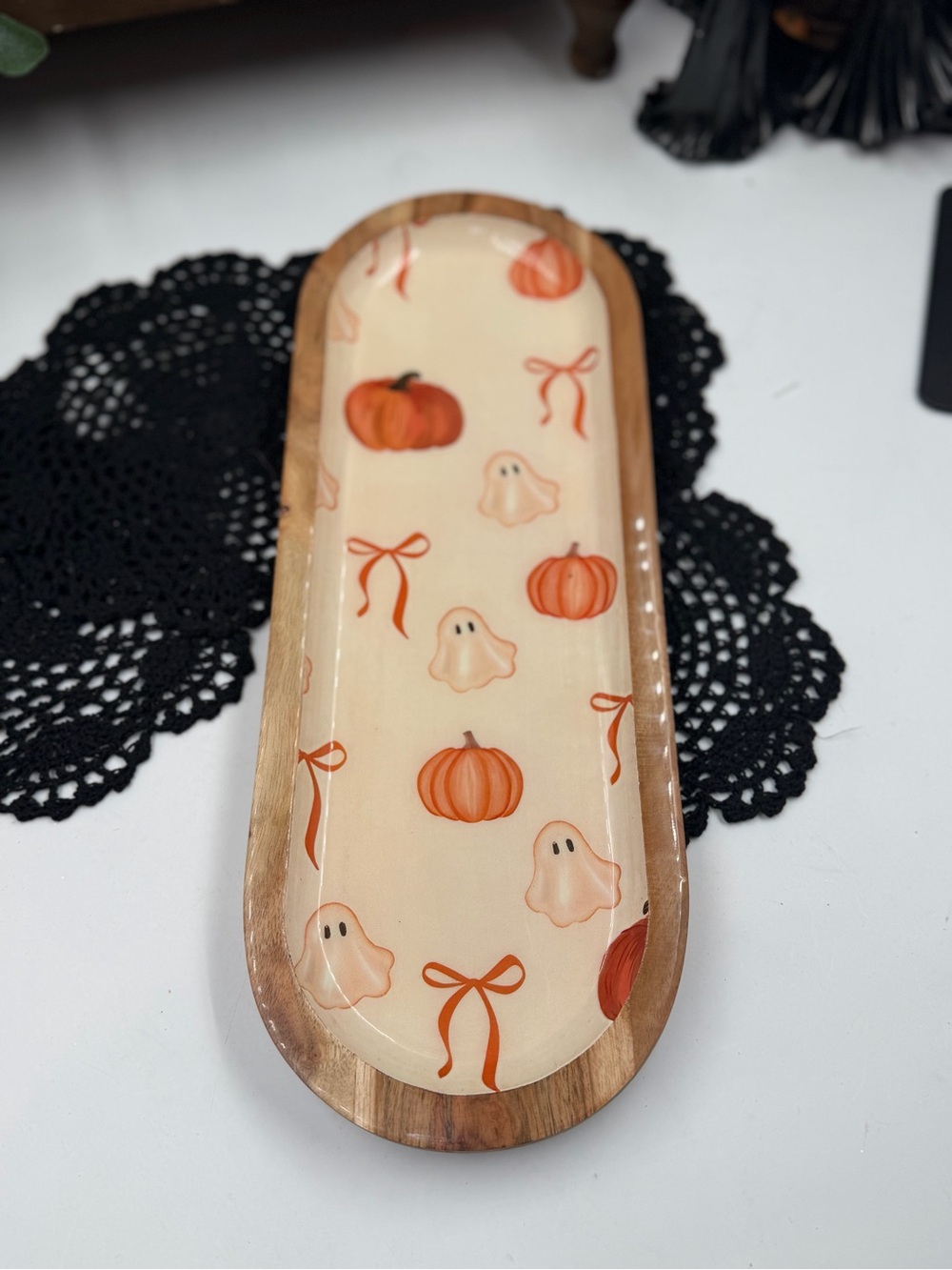 viral 2026 midnight fright ghost pumpkin bow halloween enamel wood tray